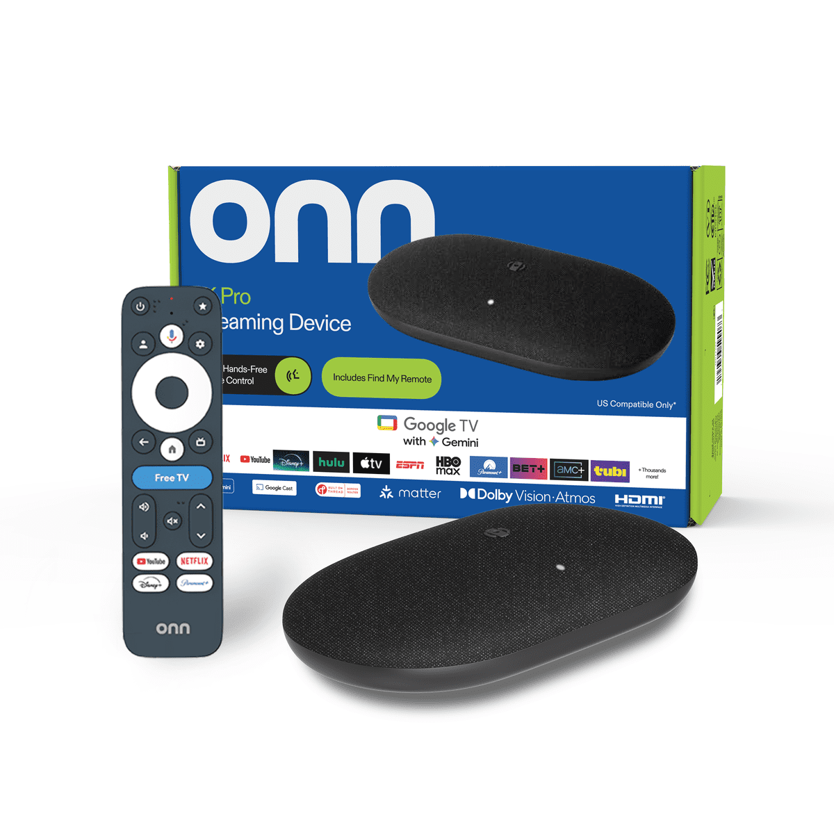 onn. 4K Pro streaming device with its remote and retail packaging