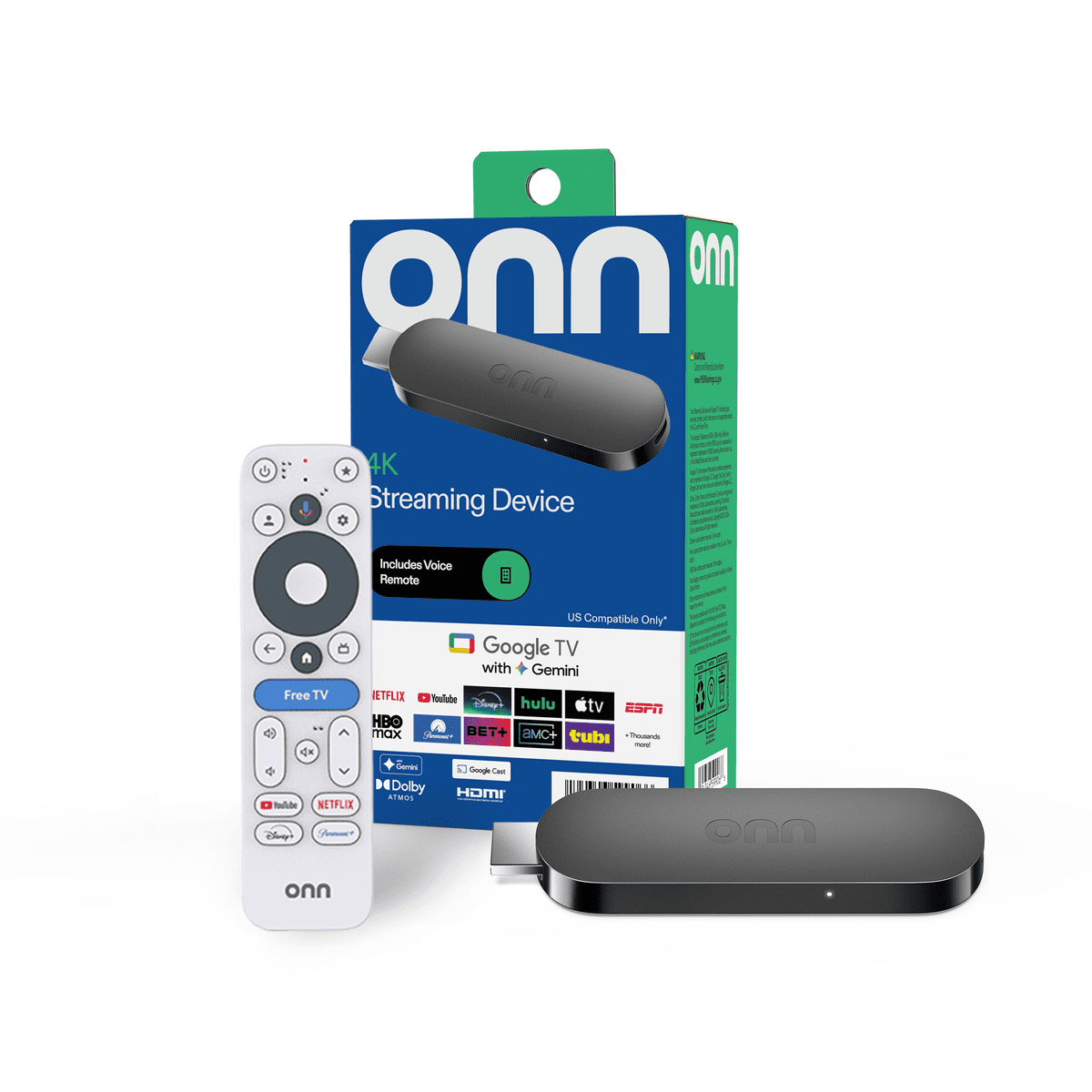 onn. 4K streaming device with its remote and retail packaging